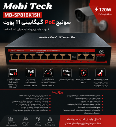 سوئیچ شبکه POE با ۸پورت ۱۰۰۰ مدل MB-SP816K1SH موبی تک